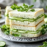 Classic cucumber sandwiches on a tray with fresh ingredients