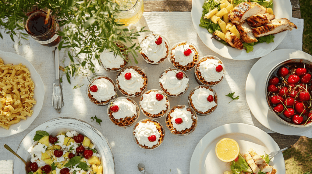 Individual cups of pineapple pretzel salad at a picnic