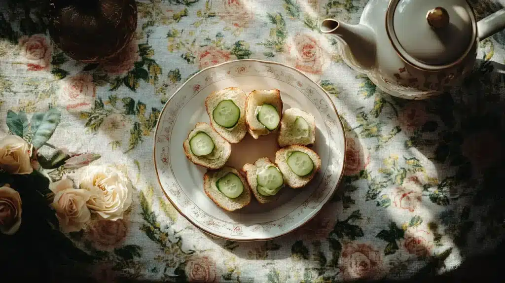 Cucumber sandwiches served with tea on a vintage table