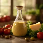 Bottle of Olive Garden-style creamy salad dressing on a rustic kitchen counter