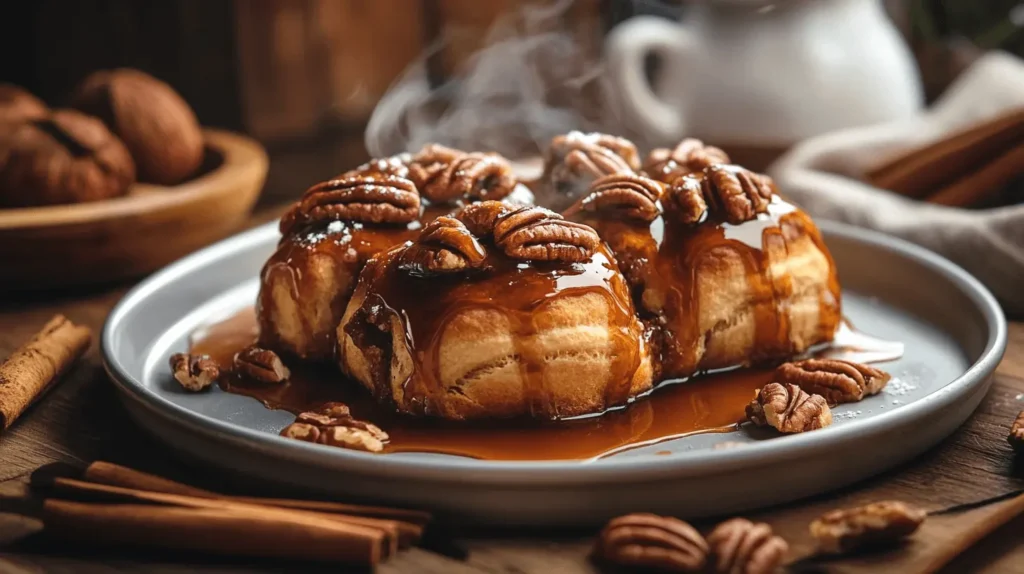 Tray of fresh butter pecan sticky buns with caramel glaze