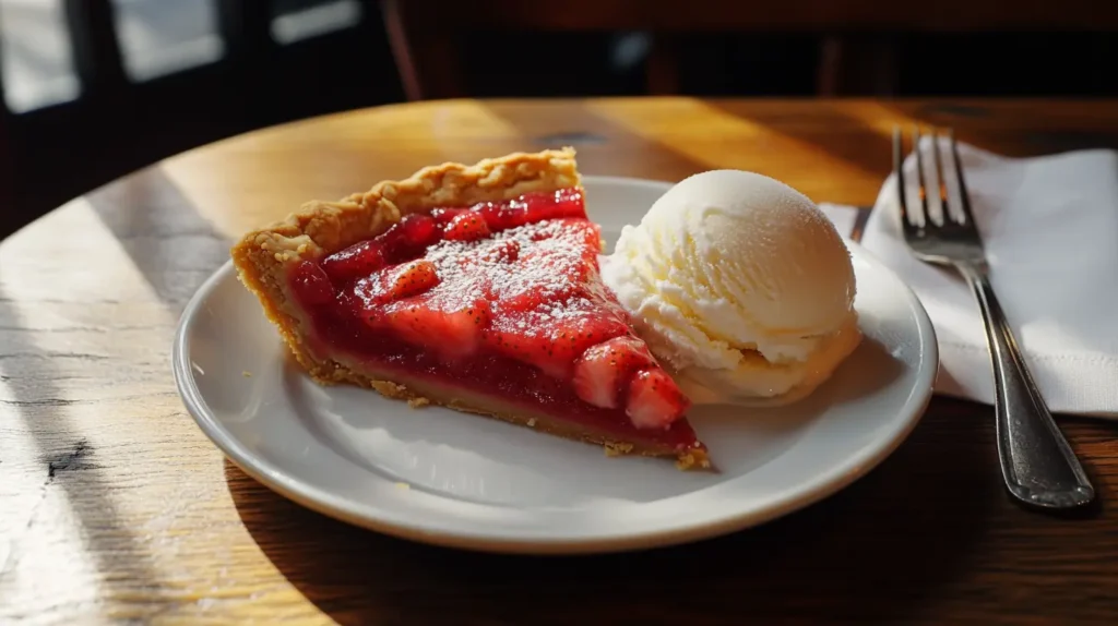 Slice of strawberry pie with vanilla ice cream