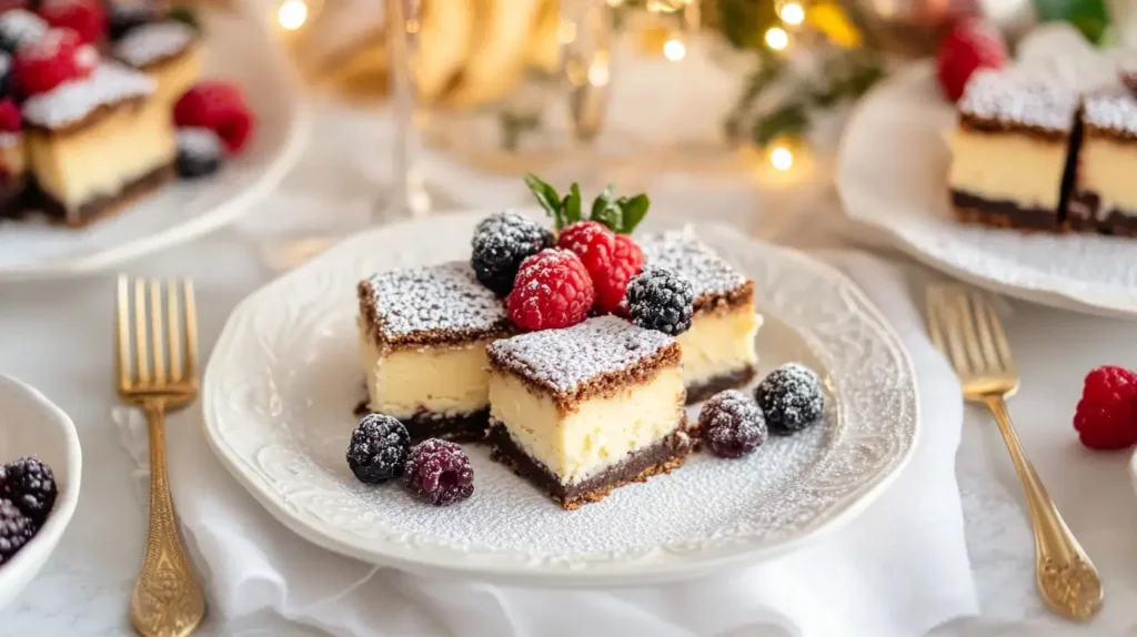 Cheesecake brownies served with fresh fruit