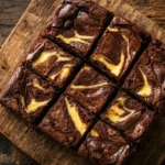 Swirled cheesecake brownies on a wooden table