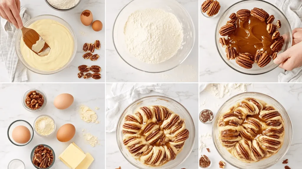 Step-by-step sticky buns being prepared