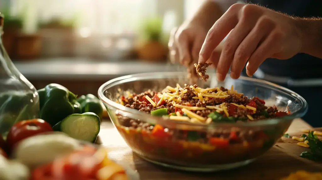 Preparing Ground Beef Taco Dip in a Kitchen