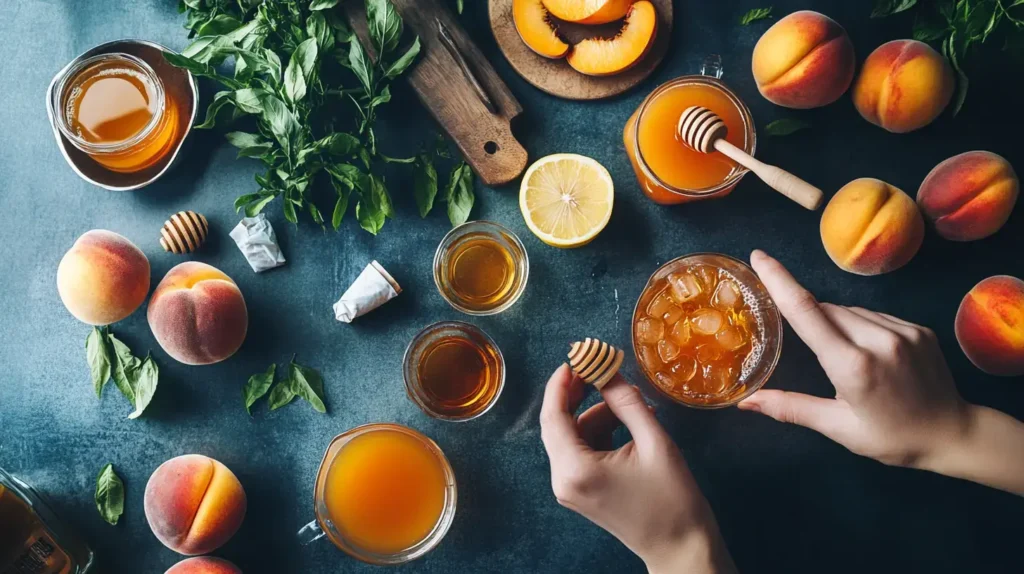 Step-by-step making of sweet peach iced tea in a bright kitchen