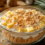 Chilled pineapple pretzel salad in a glass baking dish