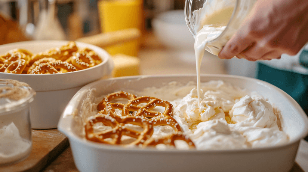 Step-by-step process of making pineapple pretzel salad
