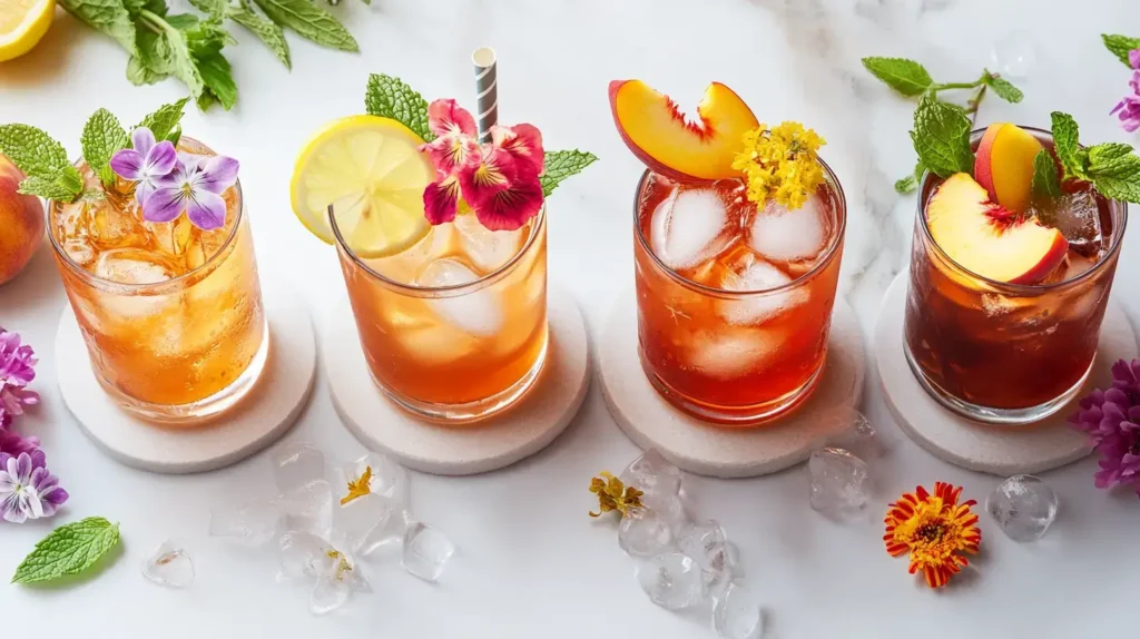 Different variations of sweet peach iced tea served creatively
