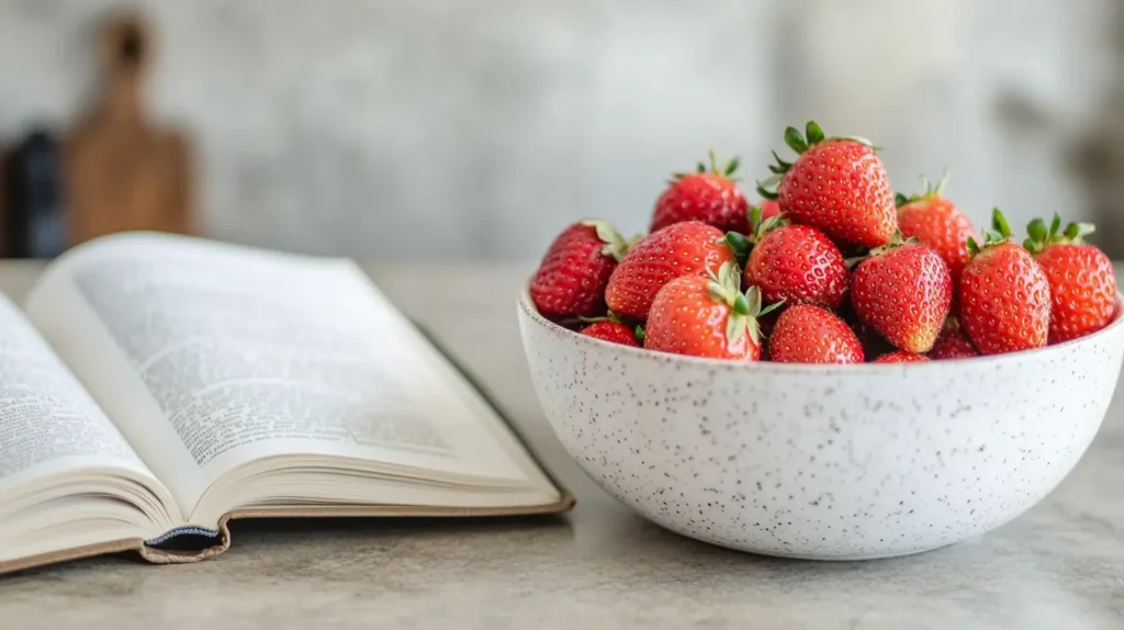 Bowl of strawberries and recipe book