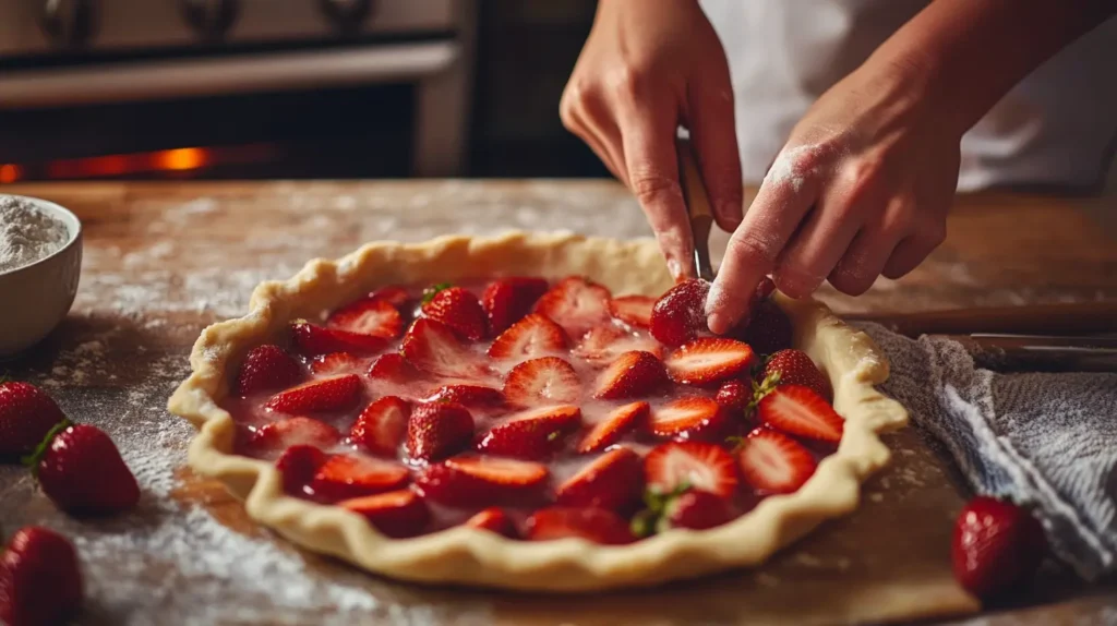 Preparing strawberry pie in farmhouse kitchen