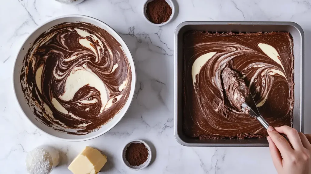 Mixing and swirling cheesecake brownie batter