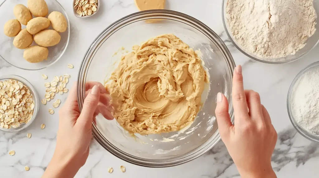 Mixing peanut butter oatmeal cookie dough in kitchen