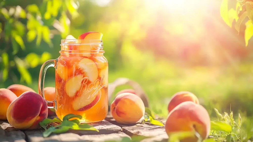 Mason jar of peach iced tea on a summer picnic table
