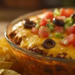 Ground Beef Taco Dip with melted cheese and toppings