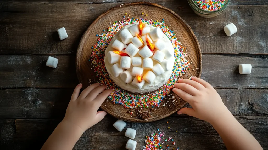 Decorated campfire cake with colorful toppings