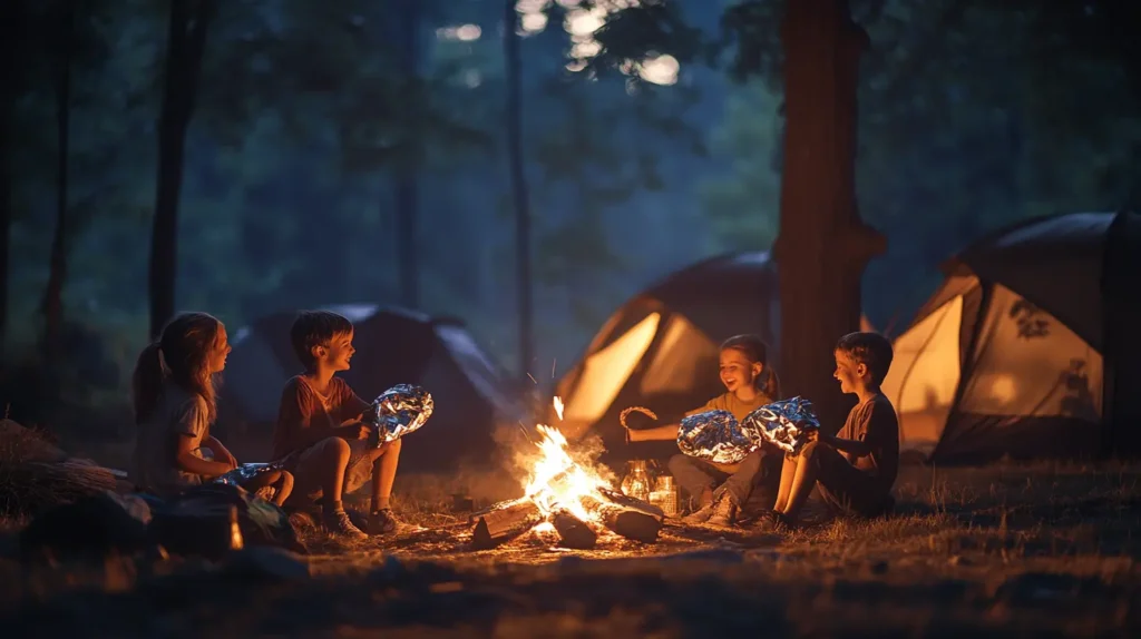 Family enjoying dessert around a campfire