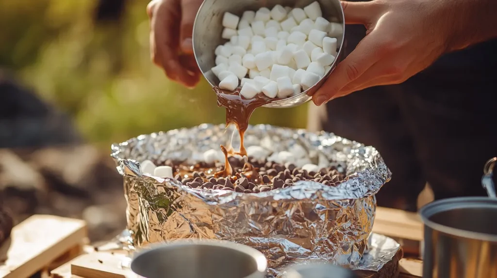 Hands preparing campfire cake with chocolate and marshmallows