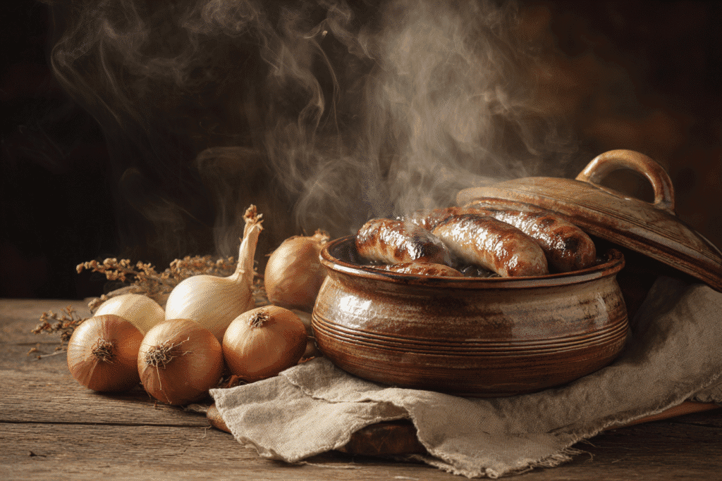 Bratwurst in a slow cooker with onions in rustic kitchen