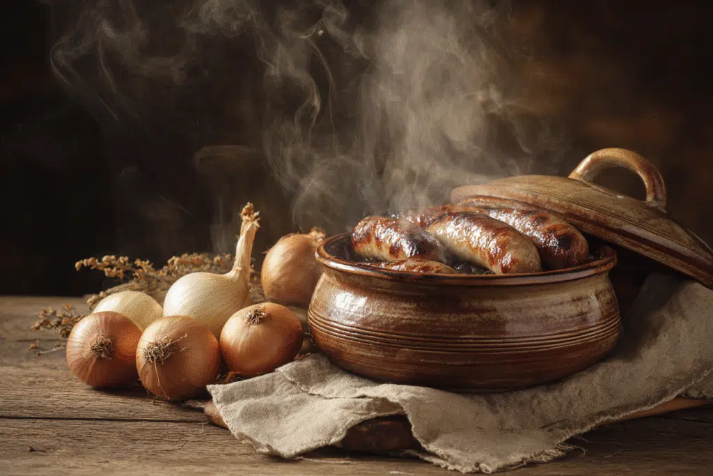 Bratwurst in a slow cooker with onions in rustic kitchen