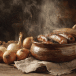 Bratwurst in a slow cooker with onions in rustic kitchen