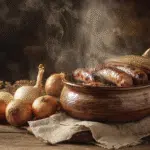 Bratwurst in a slow cooker with onions in rustic kitchen