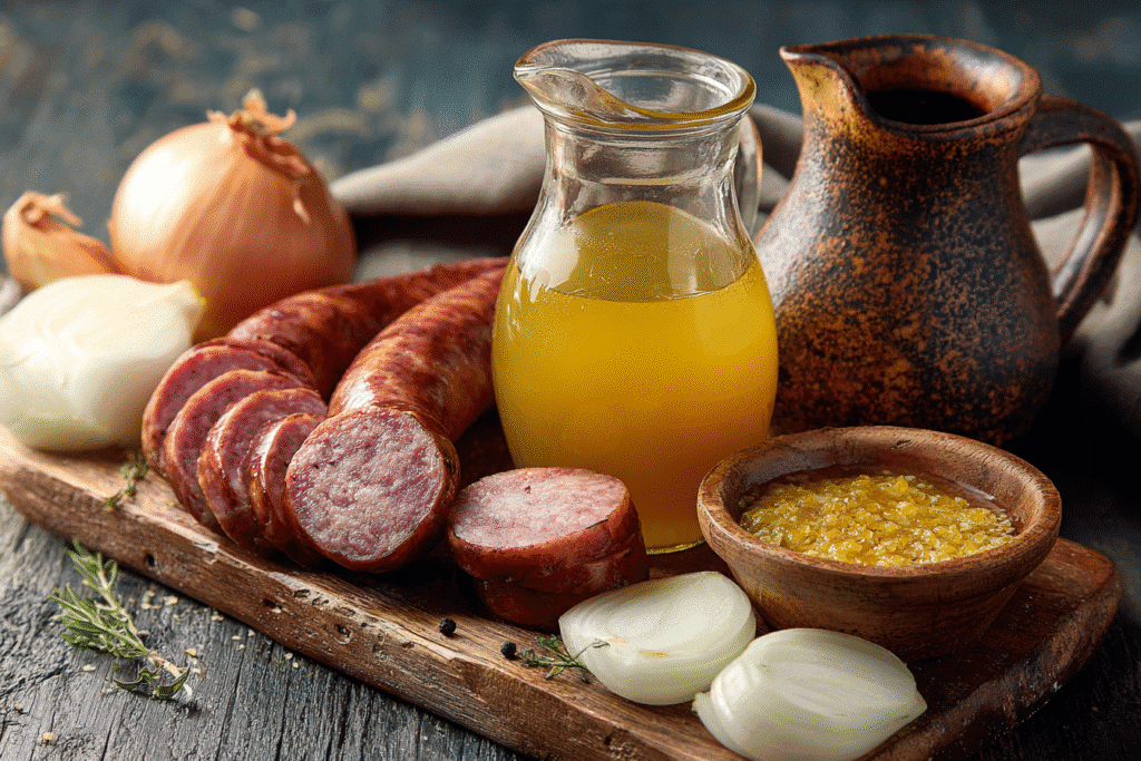 Ingredients for bratwurst in a slow cooker
