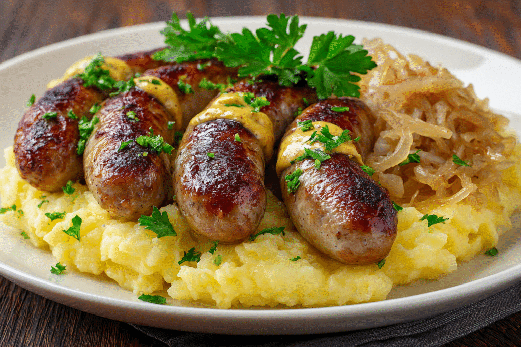 Served bratwurst with mashed potatoes and sauerkraut