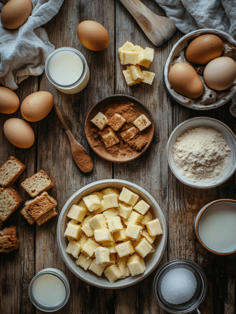 Ingredients for bread and banana pudding