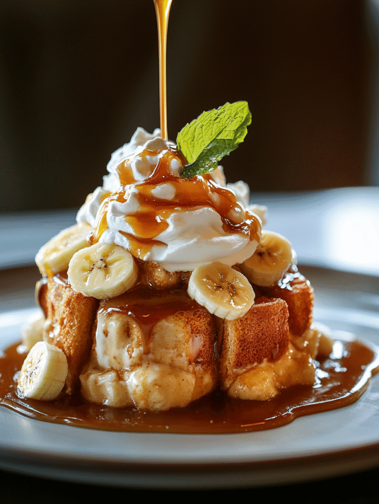 Served slice of bread and banana pudding