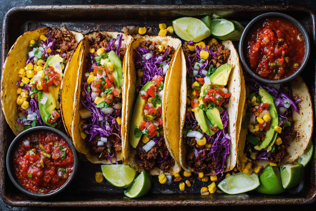 Assembled slow cooker beef tacos with toppings