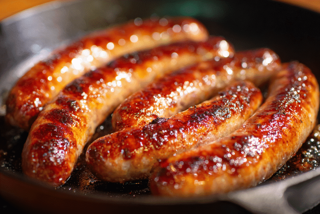 Browning bratwurst before slow cooking