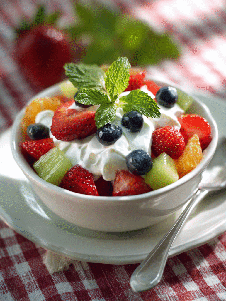 served fruit salad with Cool Whip and mint garnish