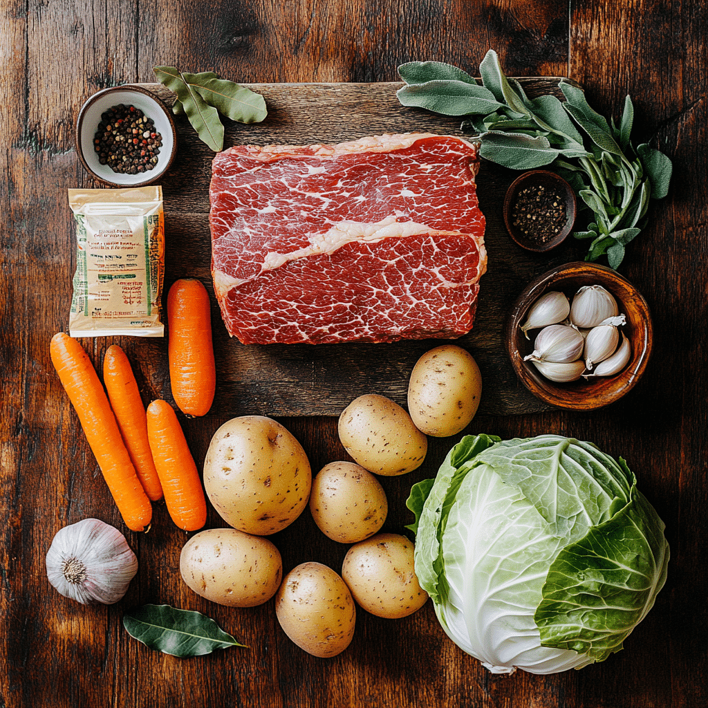Ingredients for corned beef and cabbage slow cooker recipe