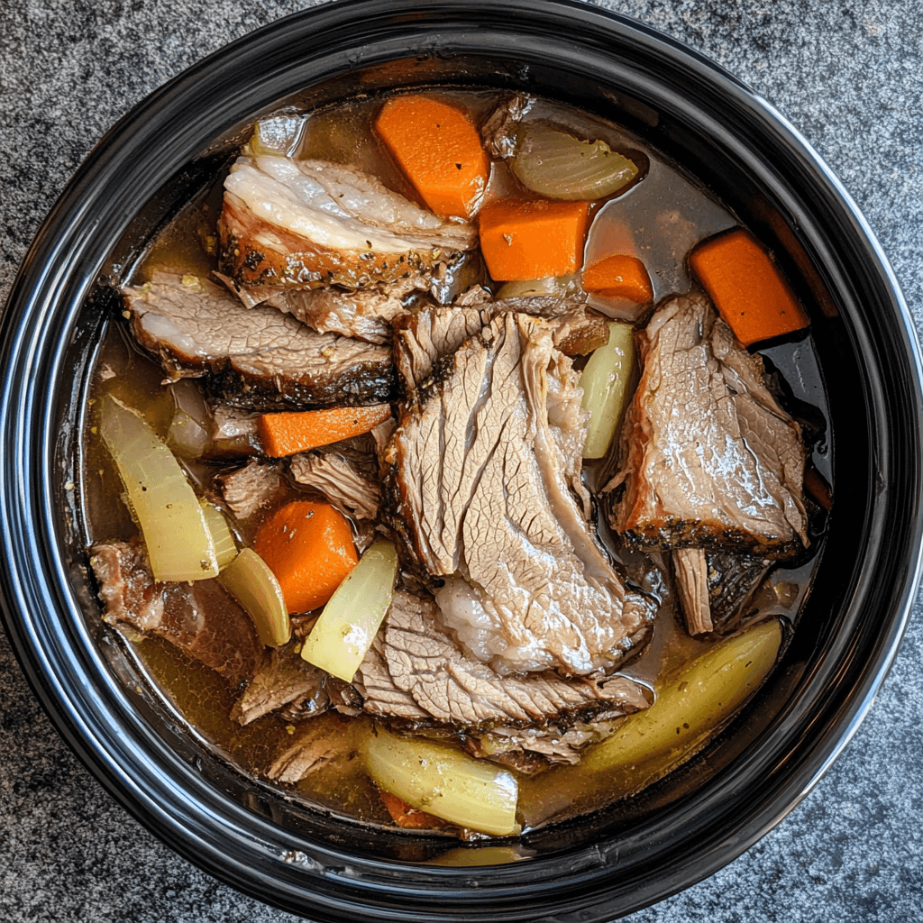 Slow cooker with corned beef, cabbage, and broth
