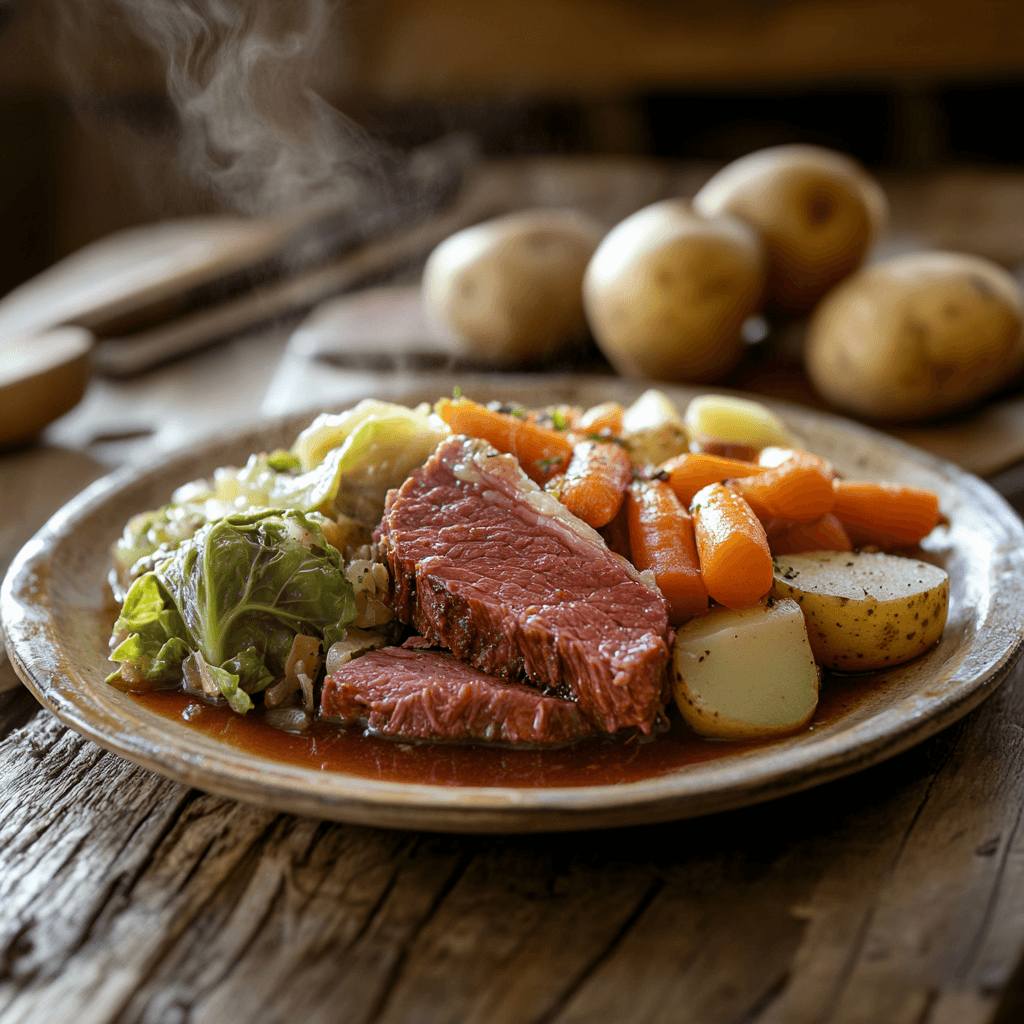 Corned beef and cabbage slow cooker recipe plated