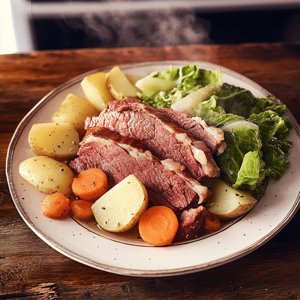Corned beef and cabbage slow cooker recipe plated