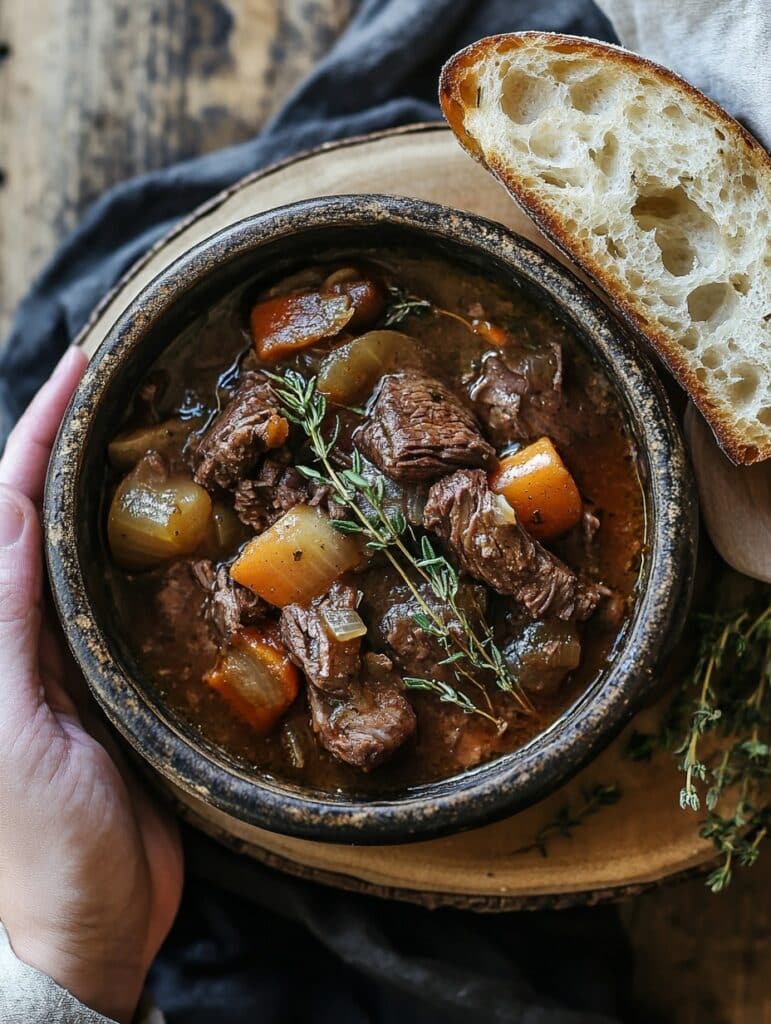 Slow-cooked beef stew served in a bowl