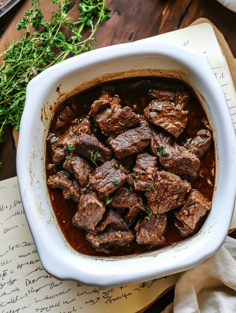 Crockpot recipe card with beef dish