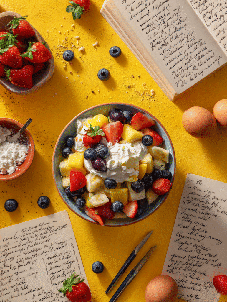 recipe card image for fruit salad with Cool Whip and marshmallows