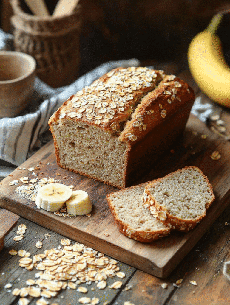 healthy banana and oat bread on rustic board