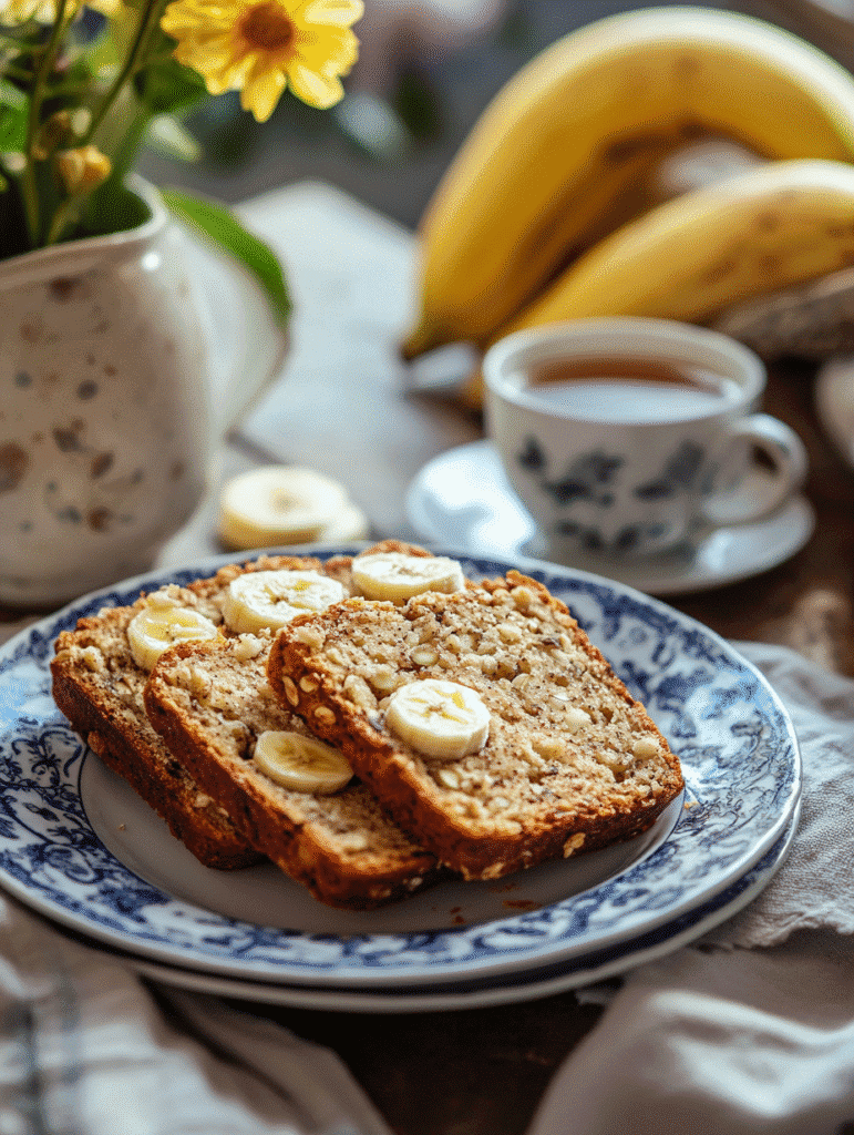 sliced healthy banana and oat bread on serving plate