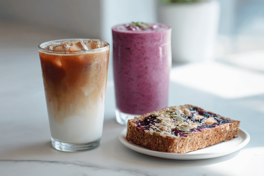 Healthy Starbucks coffee with banana bread and berry smoothie