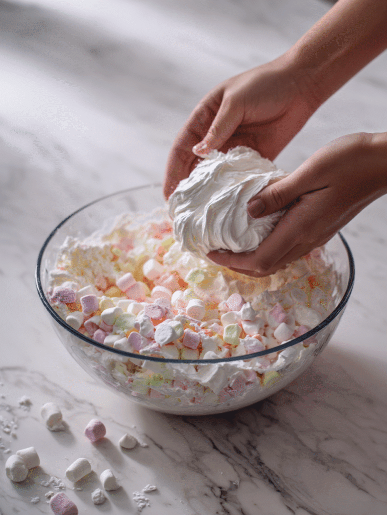 mixing Cool Whip into fruit salad with grapes and marshmallows