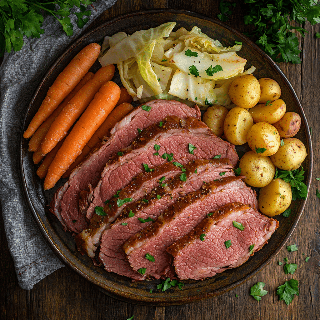 plated slow cooker corned beef and cabbage