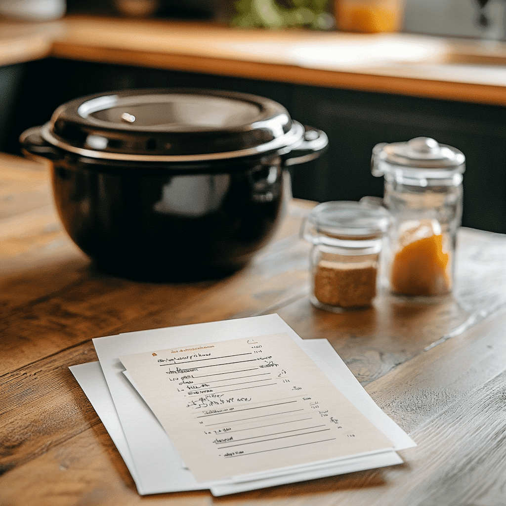 Rival slow cooker recipe card on table