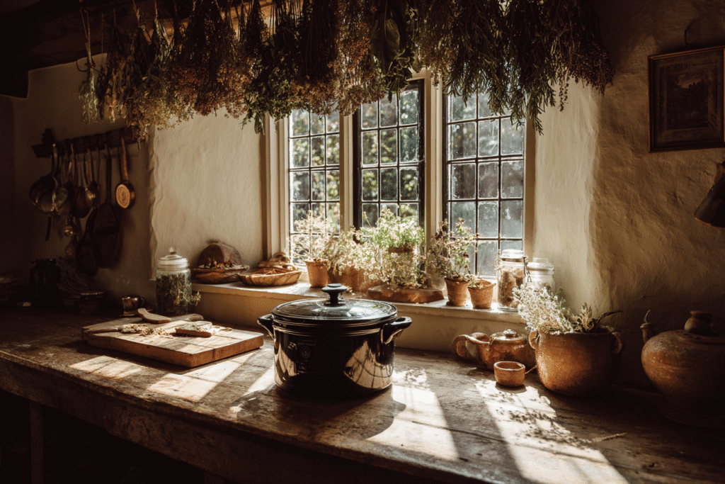 Cozy rustic kitchen setup for slow cooker steak recipes