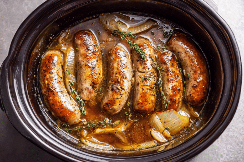Bratwurst layered in slow cooker with onions and broth