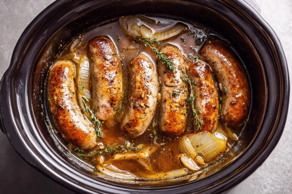Bratwurst layered in slow cooker with onions and broth